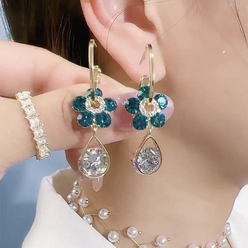 Crystal Flower Earrings-Blue-State of Style