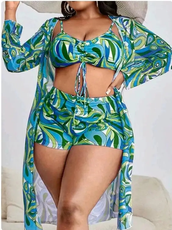 Curve Comfort Three-Piece Bikini Set in Plus Size-Green-2XL-State of Style