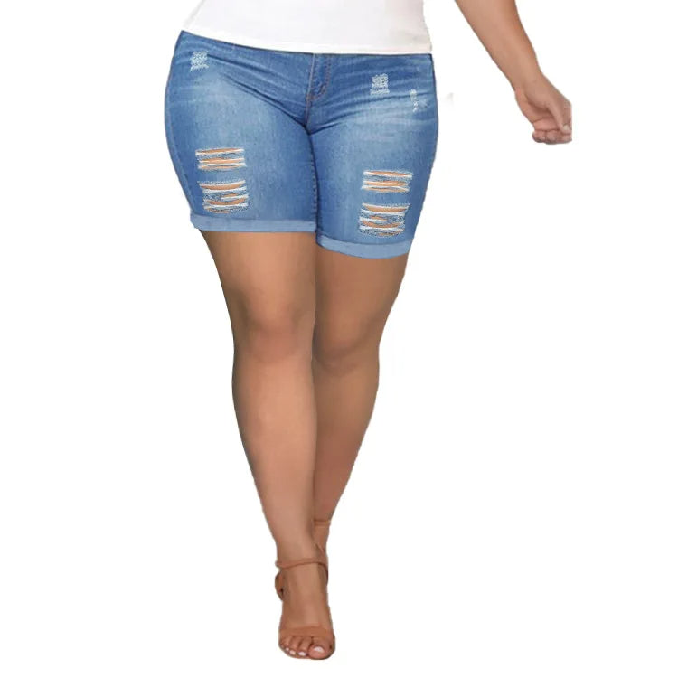 Curvy Chic Distressed Plus Size Denim Shorts-Blue-2XL-State of Style