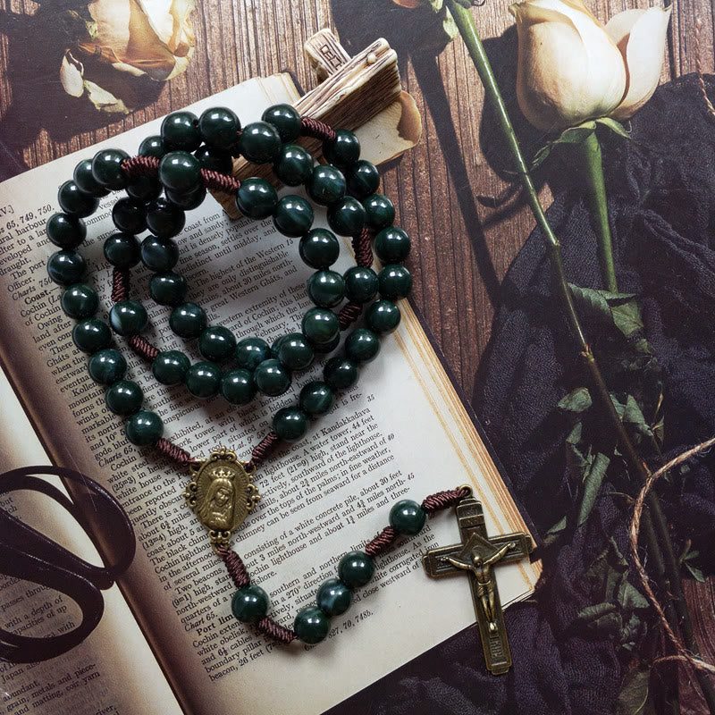 Moss Agate Sacred Medal Cross Pendant Rosary Necklace - Celeste