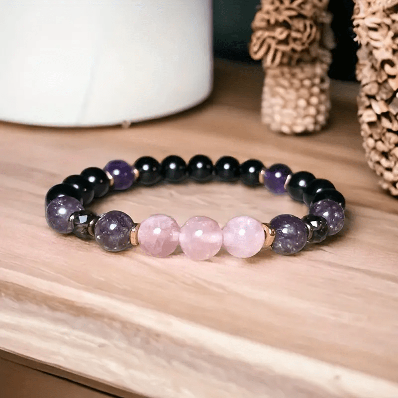 8mm Rose Quartz Obsidian Amethyst Bead Bracelet - Aurora