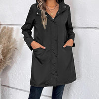 Ladies' long autumn coat with high collar & button tab – Leandra