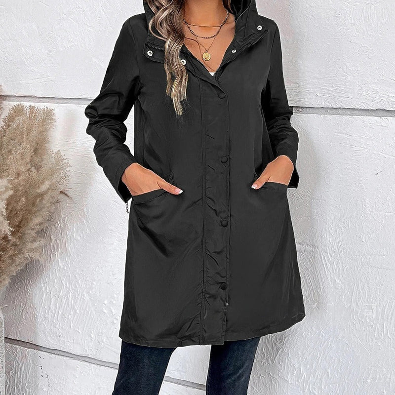 Ladies' long autumn coat with high collar & button tab – Leandra