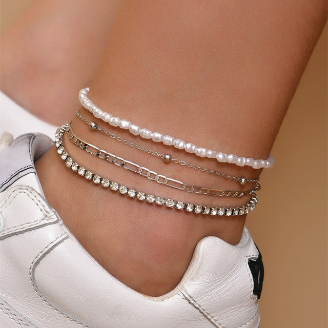 Delicate Beaded Snake Anklet | Elegant Foot Jewellery-Half Pearl Silver-State of Style