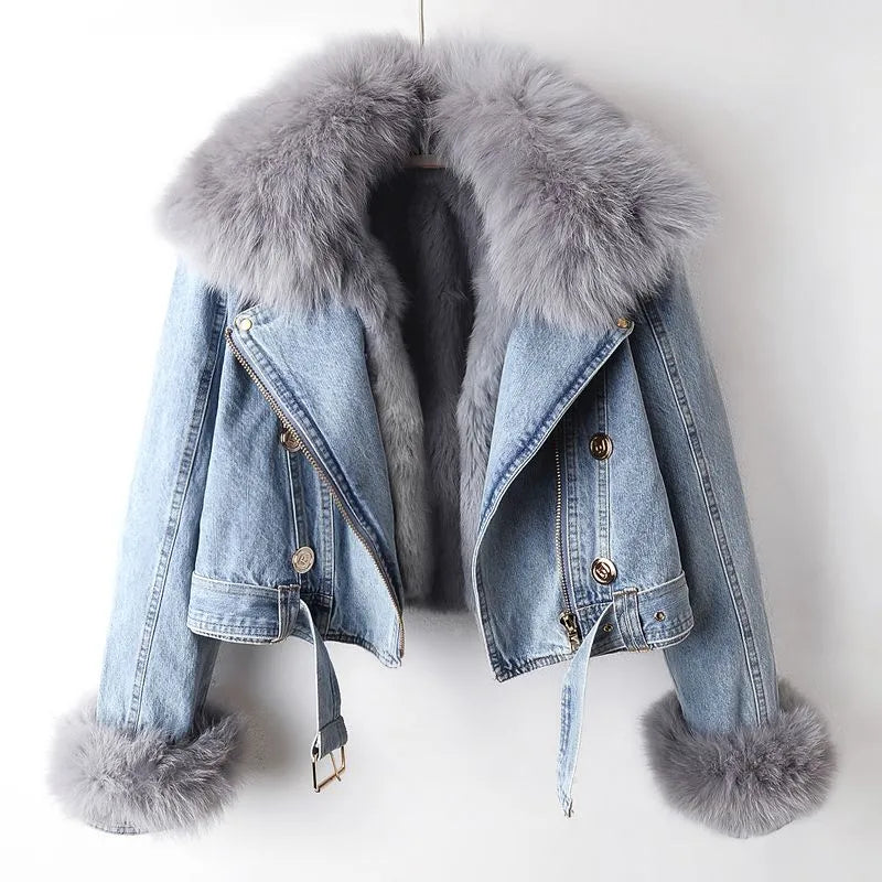 Denim and Faux Fur Elegance Jacket - Stella-Blue-XS-State of Style