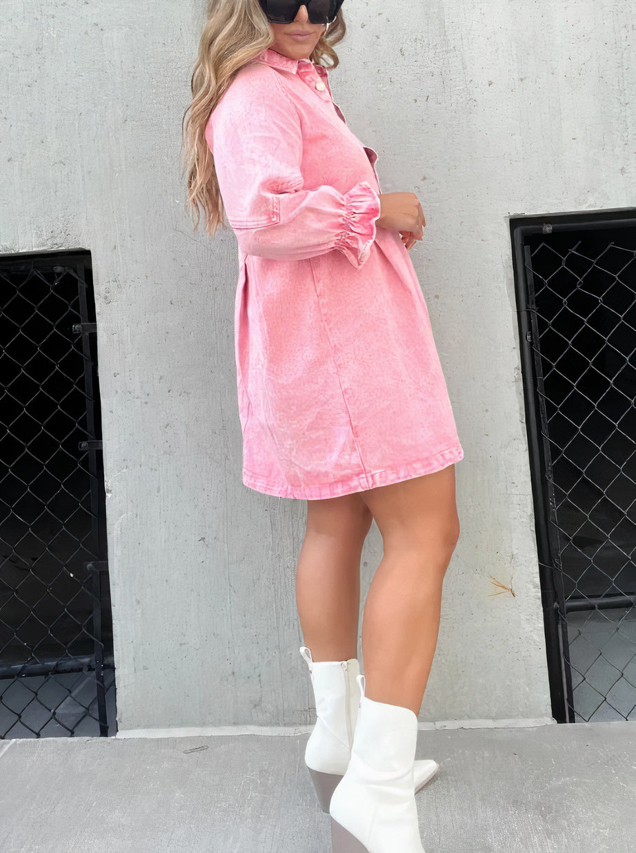 Denim Dress with Long Sleeves – Rivka-Pink-S-State of Style