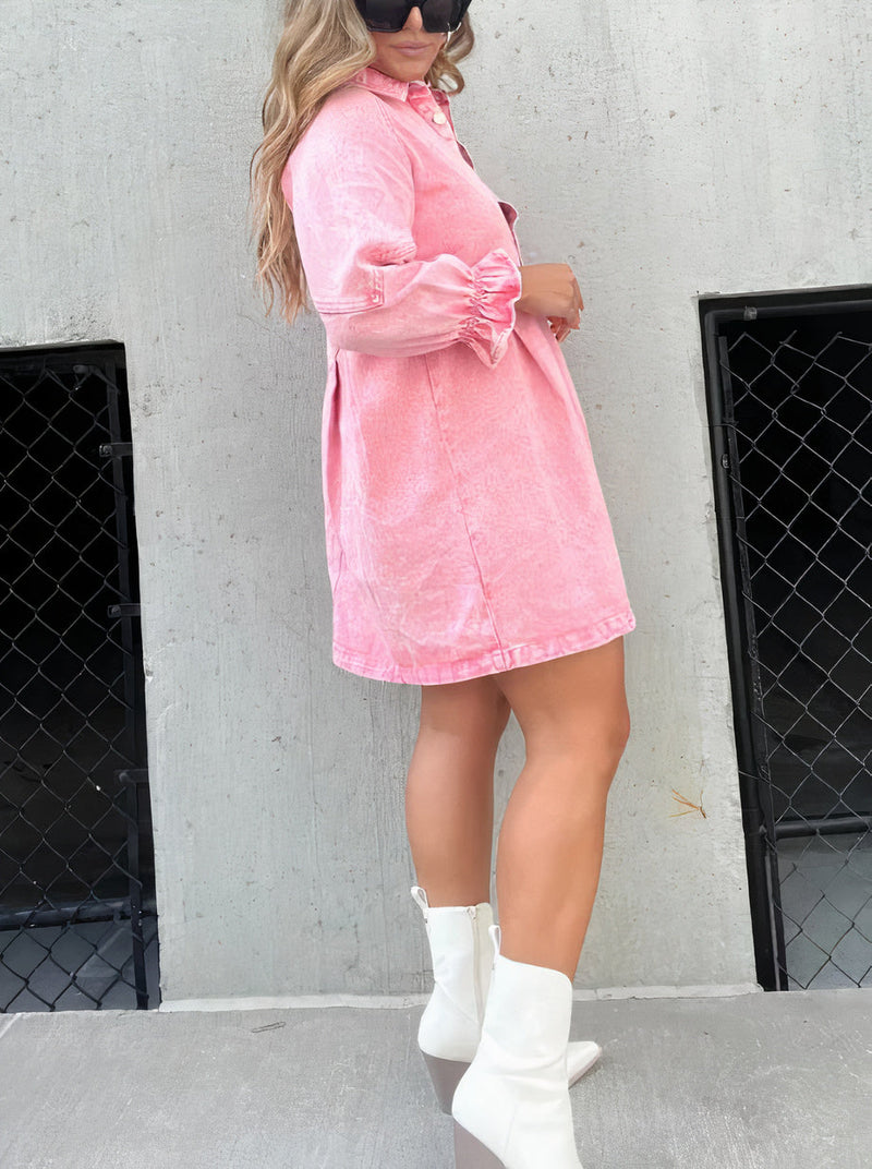 Denim Dress with Long Sleeves – Rivka-Pink-S-State of Style