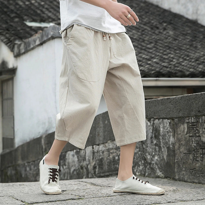 Desmond - Men's Linen Cropped Trousers | Summer Linen Pants-Beige-M-State of Style