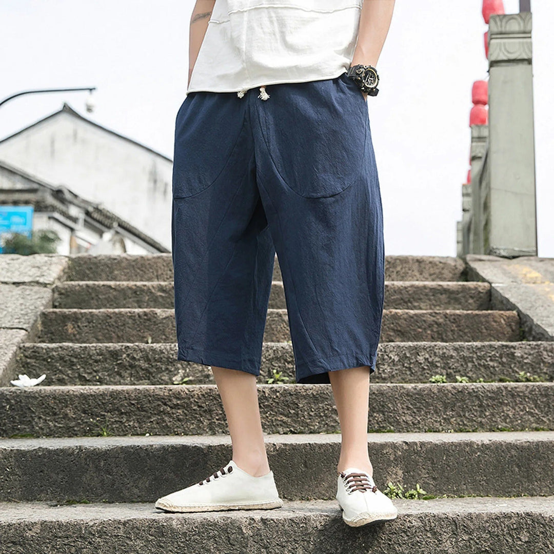 Desmond - Men's Linen Cropped Trousers | Summer Linen Pants-Navy Blue-M-State of Style