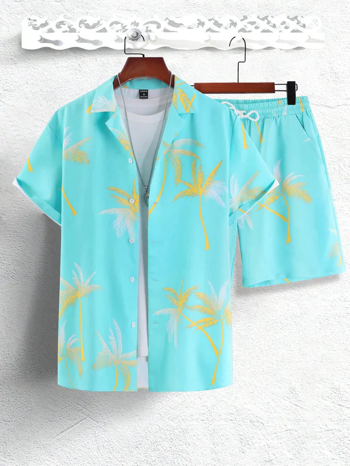 Dieter | Shirt & Shorts with Tropical Palm Print-Mint Green-S-State of Style