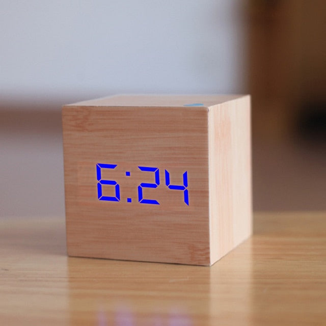 Digital LED Alarm Clock – CubeGlow-Wood & Blue-State of Style