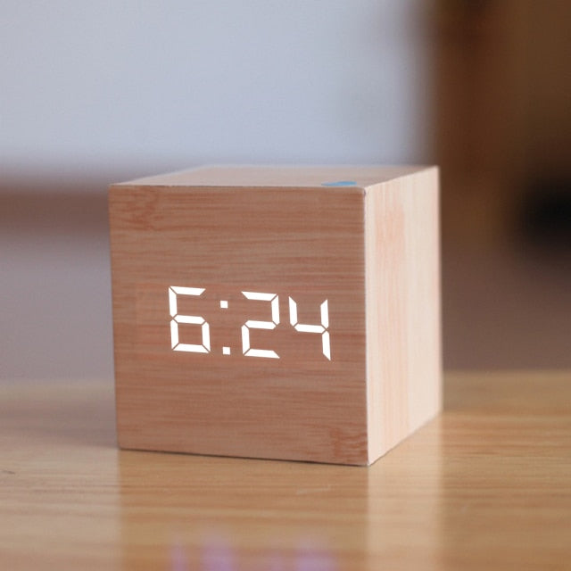 Digital LED Alarm Clock – CubeGlow-Wood & White-State of Style