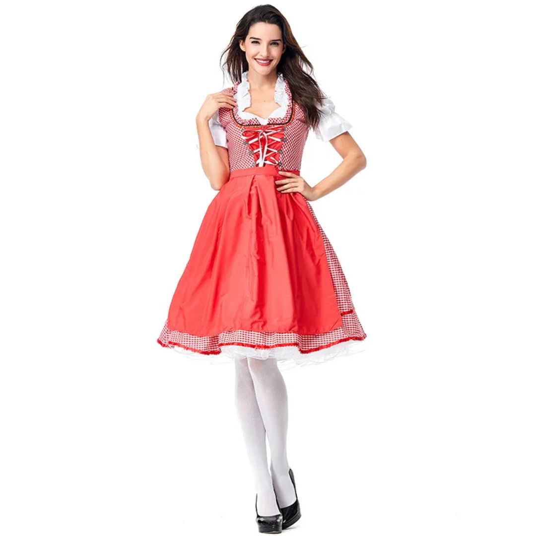 Dirndl Queenie – Bavarian Oktoberfest Dress with Red Check Pattern-S-State of Style