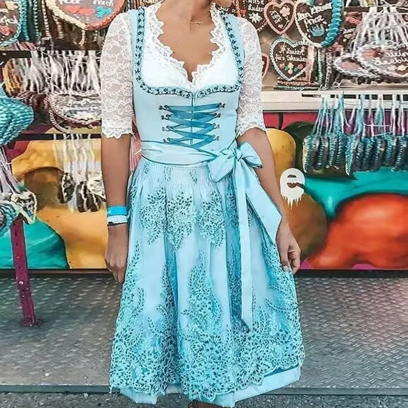 Dirndl Theresa – Traditional Bavarian Oktoberfest Dress with Print-Sky Blue-S-State of Style