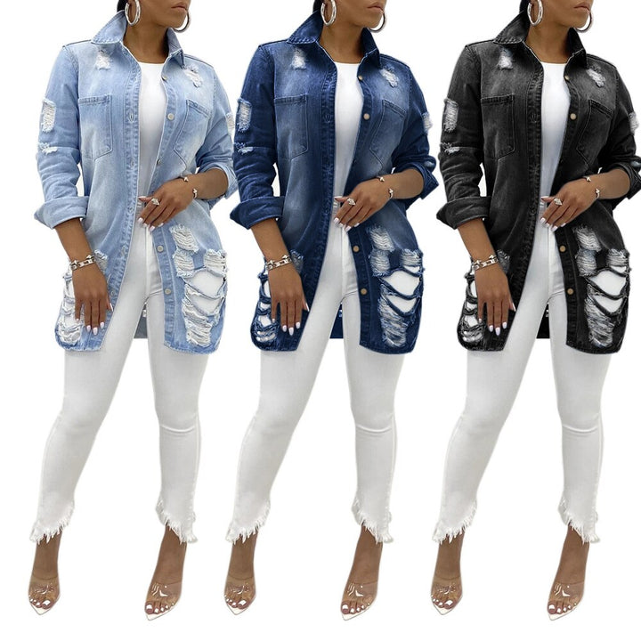 Distressed Denim Jacket for Women | Stylish and Casual-Black-S-State of Style