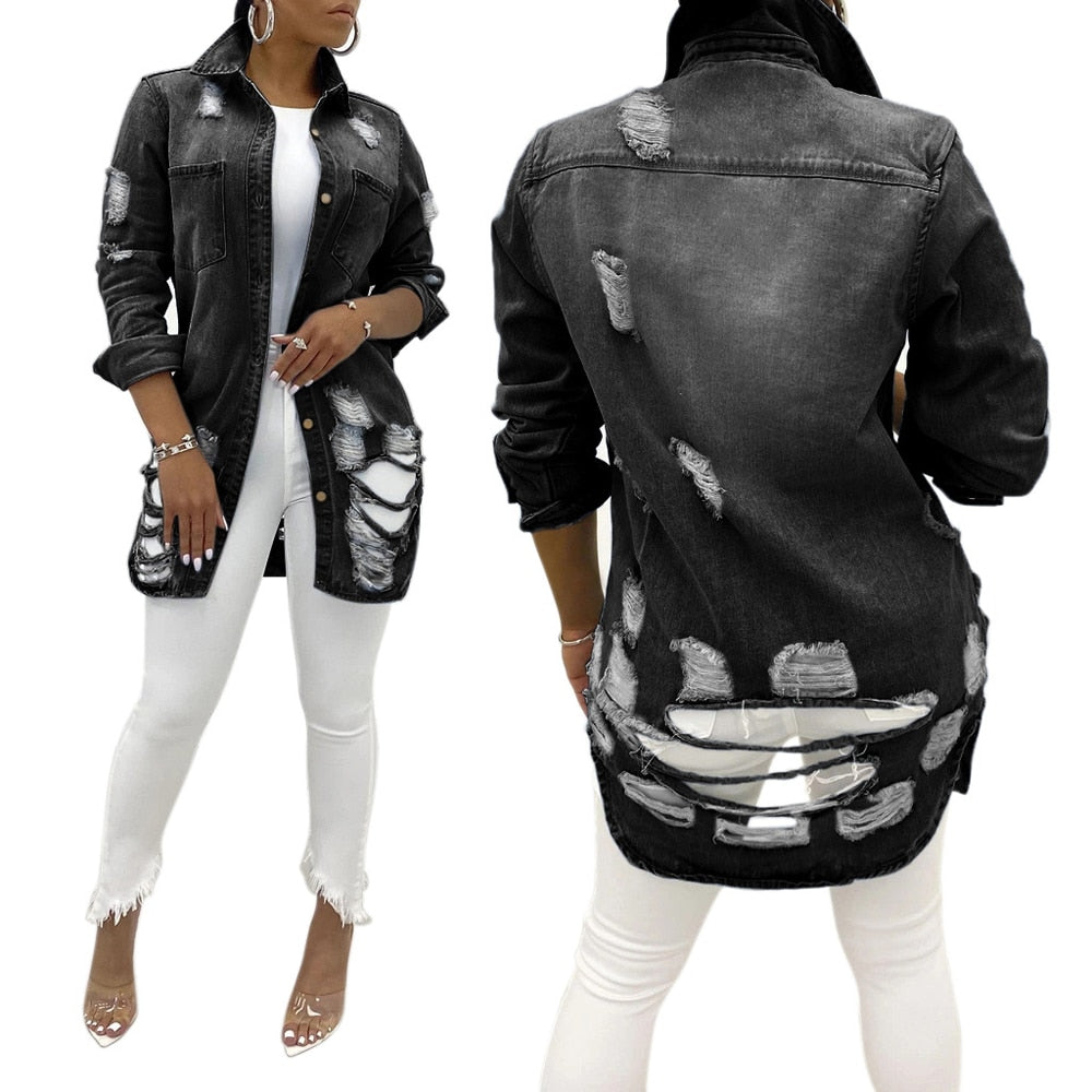 Distressed Denim Jacket for Women | Stylish and Casual-Black-S-State of Style