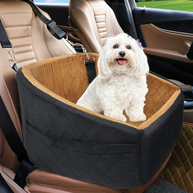 Dog seat with seat belt & storage compartments-Black/Brown-State of Style