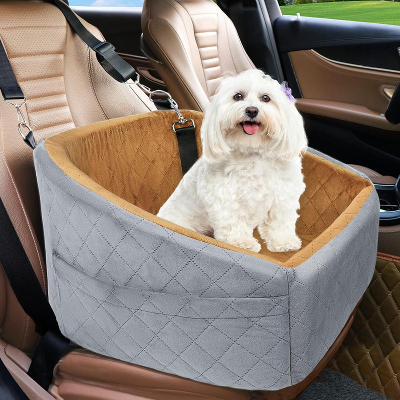 Dog seat with seat belt & storage compartments-Grey/Brown-State of Style