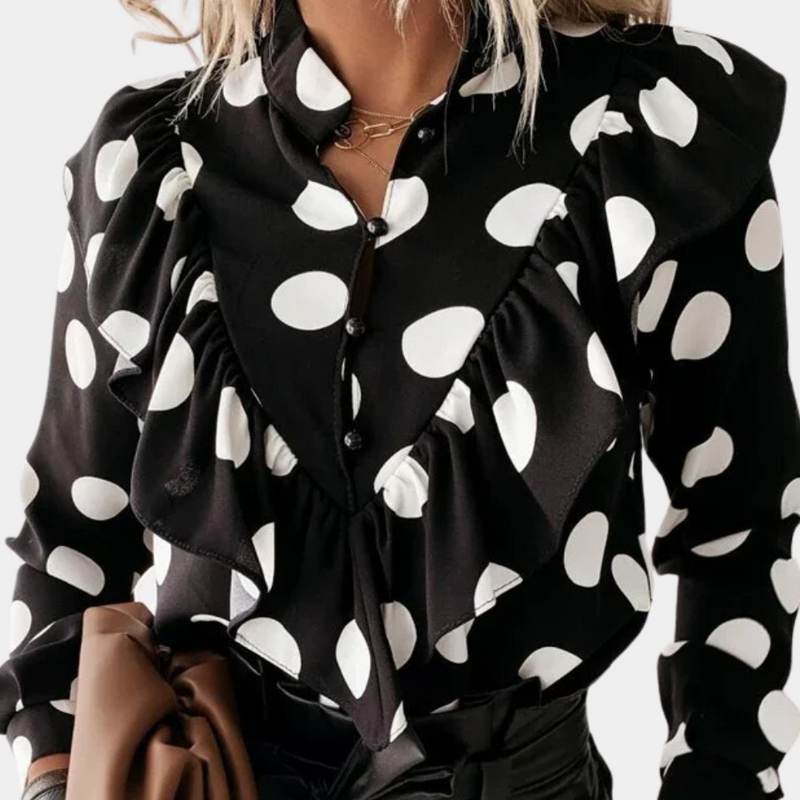 Dotted flounce blouse with a flowing cut – Tabea-Black-S-State of Style