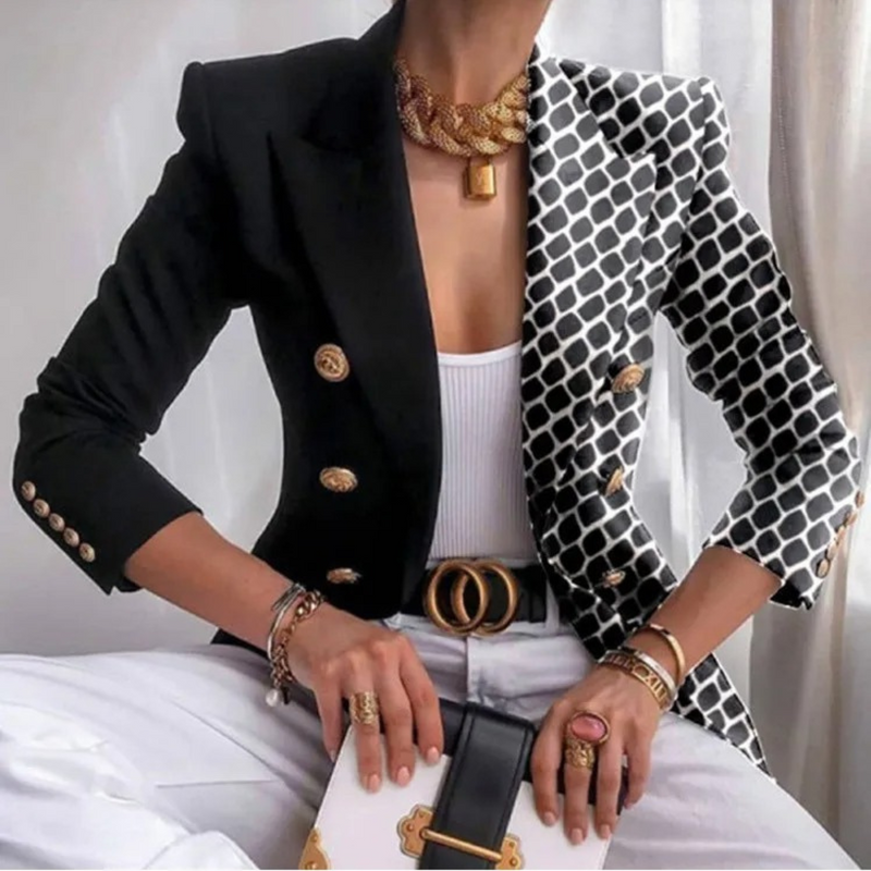 Double-Breasted Women's Blazer with Lapels – Eleganza-Black-White-S-State of Style