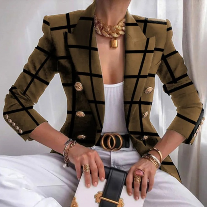 Double-Breasted Women's Blazer with Lapels – Eleganza-Brown-S-State of Style