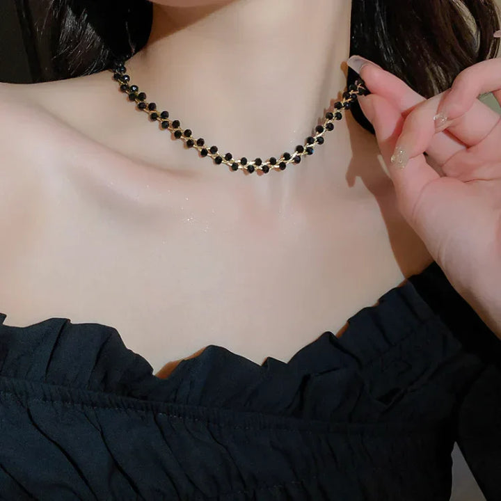 Double Crystals and Pearls Necklace - Amira-Black Crystal-State of Style