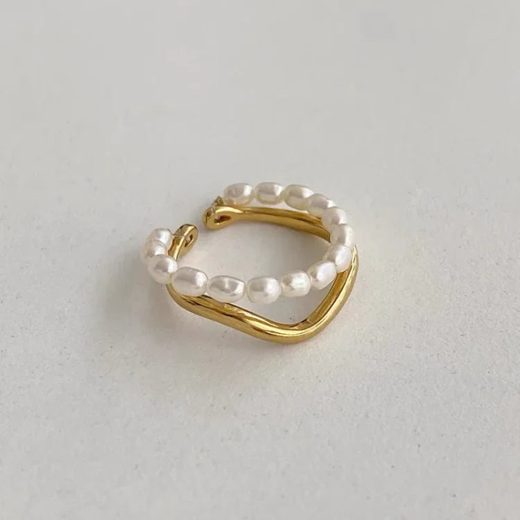 Double-Layered Gold Ring with Freshwater Pearl - Ivy-State of Style