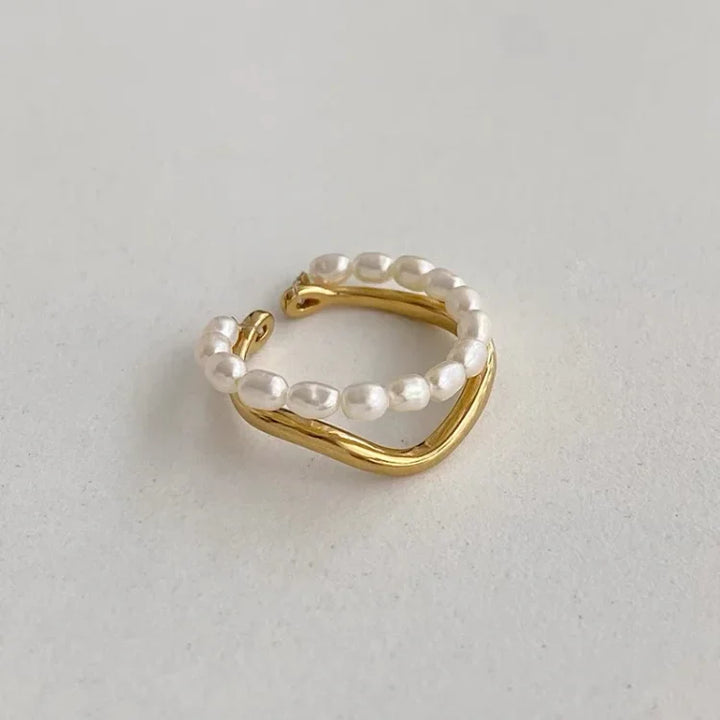 Double-Layered Gold Ring with Freshwater Pearl - Ivy-State of Style