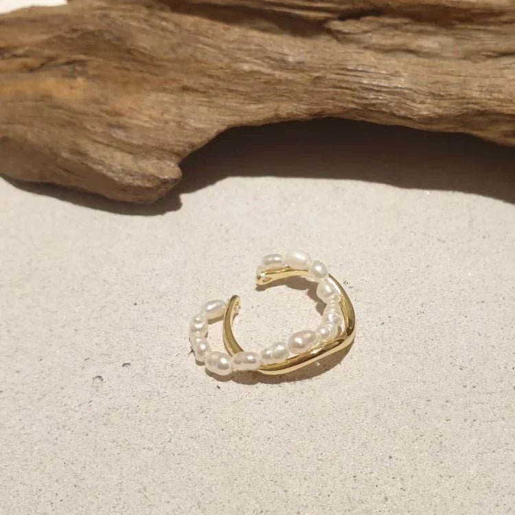 Double-Layered Gold Ring with Freshwater Pearl - Ivy-State of Style