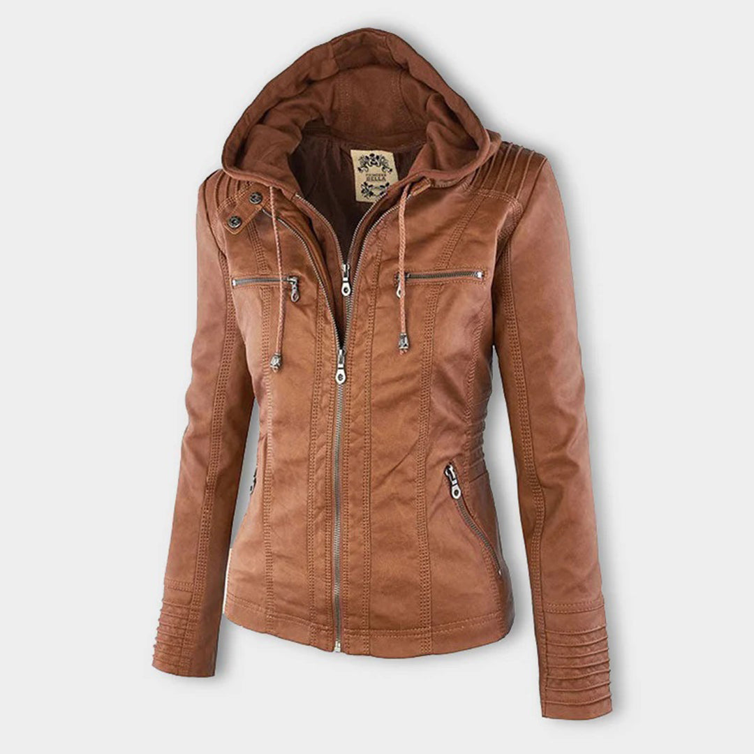 Double-Lined Leather Jacket With Hood | Warm & Stylish Women's Coat-Khaki-S-State of Style