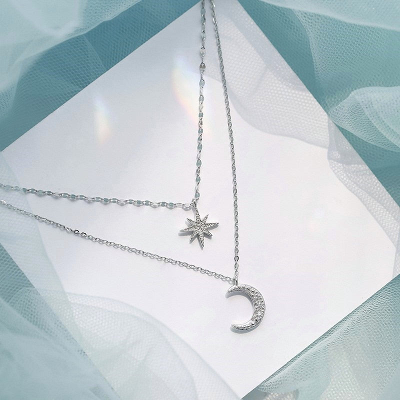Double Moon Pendant Necklace | Layered Silver Jewellery-State of Style