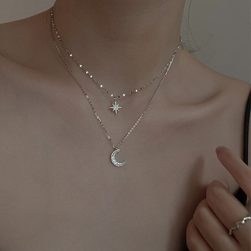 Double Moon Pendant Necklace | Layered Silver Jewellery-State of Style