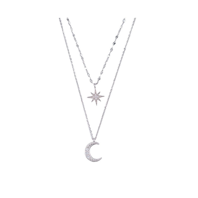 Double Moon Pendant Necklace | Layered Silver Jewellery-State of Style