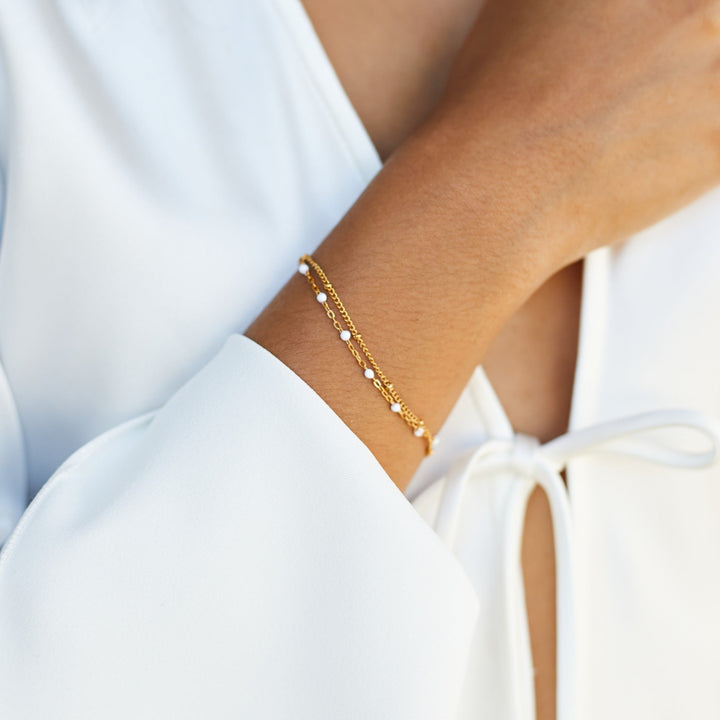 Double White Bead Bracelet for Women - Liora-Gold-State of Style