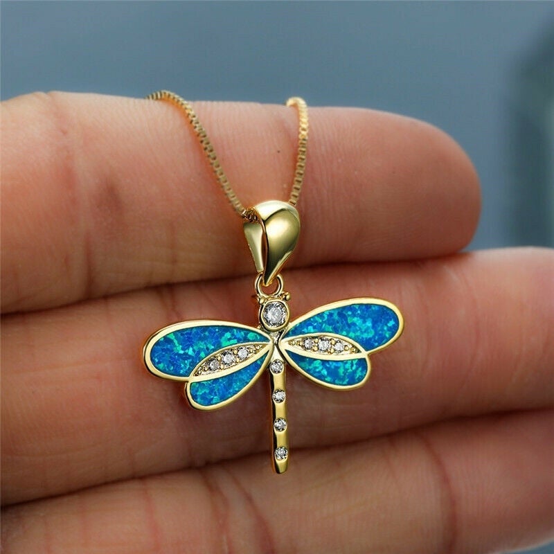 Dragonflies Gold Necklace with Opal - Aurielle-Blue-State of Style