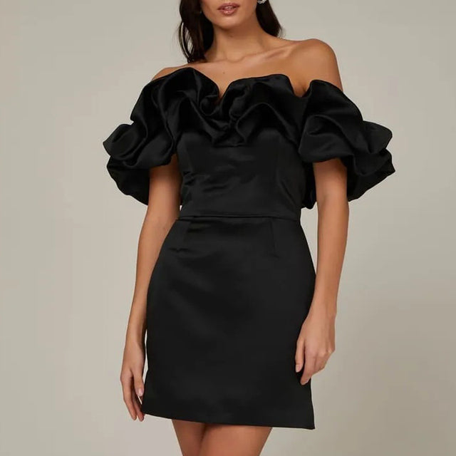 Dress with Asymmetrical Shoulder Line – Elin-Black-XS-State of Style