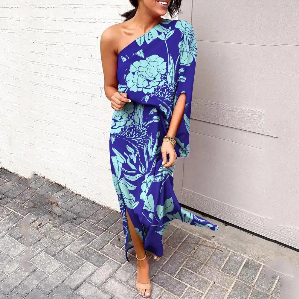 Dress with Diagonal Shoulder Line - Mila-Blue-S-State of Style