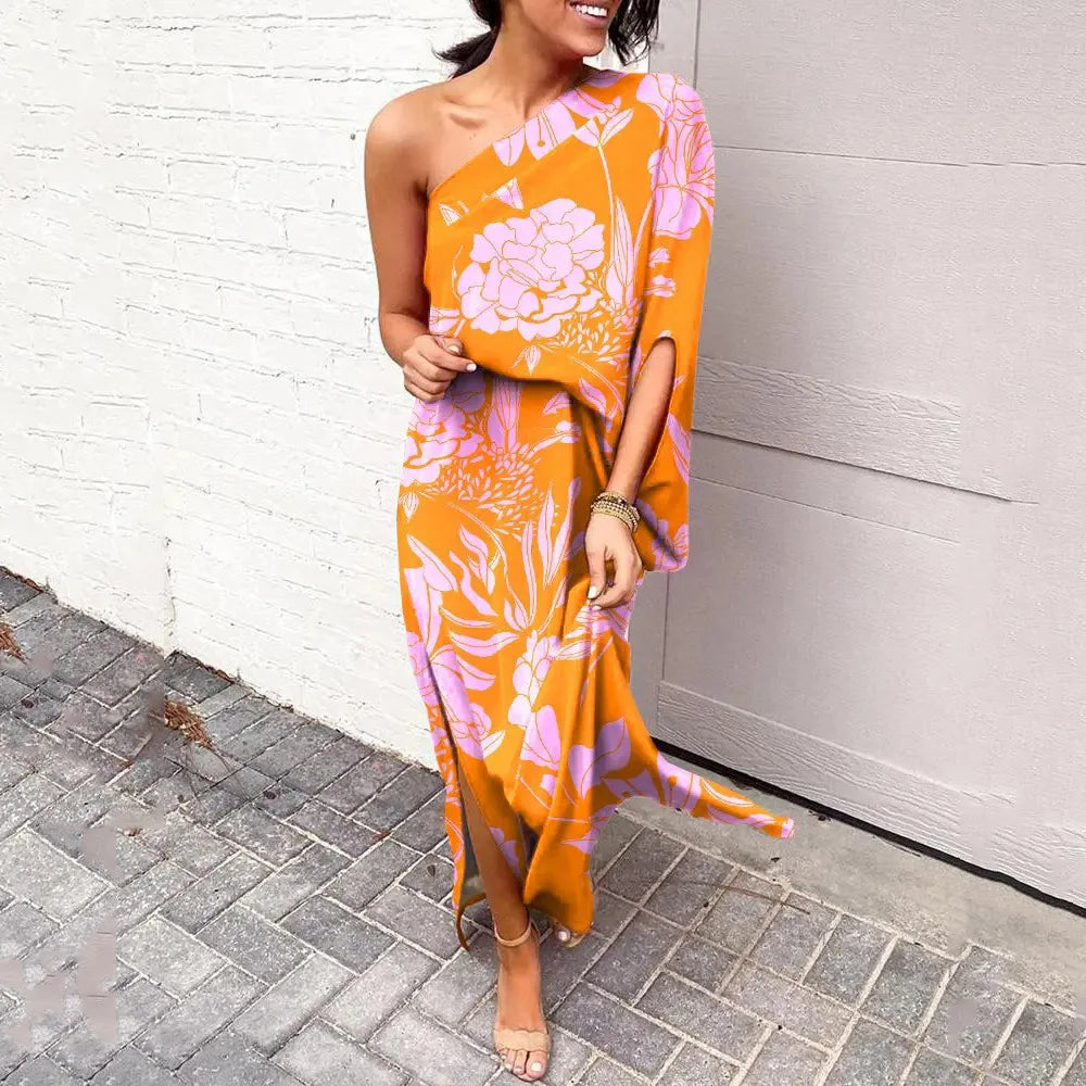 Dress with Diagonal Shoulder Line - Mila-Orange-Pink-S-State of Style