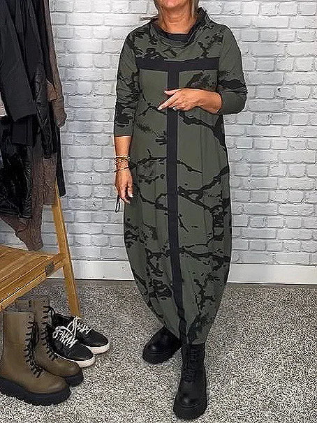 Dress with Long Sleeves and Retro Pattern – Livienne-Green-S-State of Style