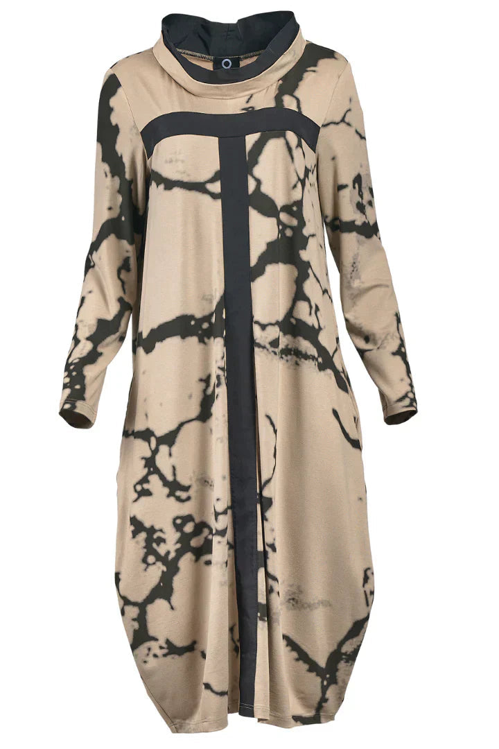 Dress with Long Sleeves and Retro Pattern – Livienne-Khaki-S-State of Style