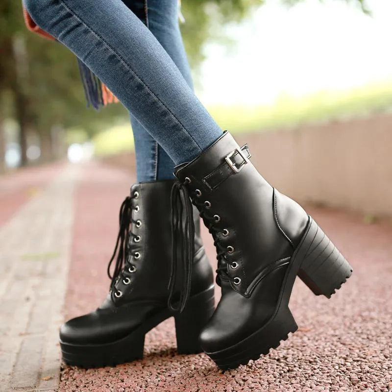 Edgy Lace-Up Boots with Buckle and Lug Sole - Luna-Black-4-State of Style