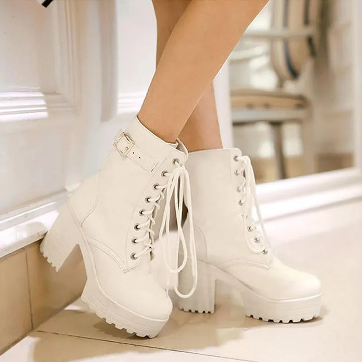 Edgy Lace-Up Boots with Buckle and Lug Sole - Luna-White-4-State of Style