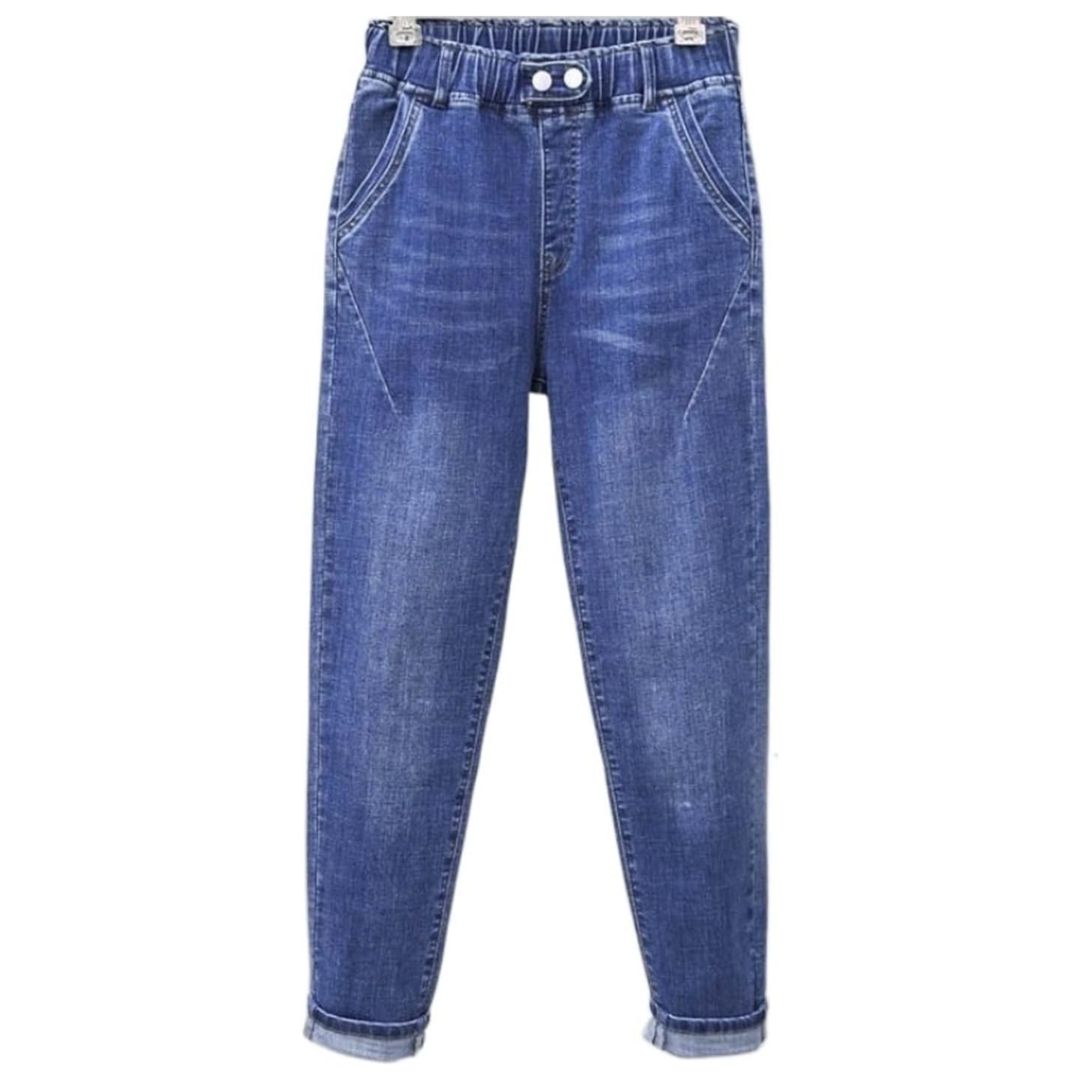 Elastic High-Waisted Plus Size Baggy Jeans-Blue 1-XL-State of Style