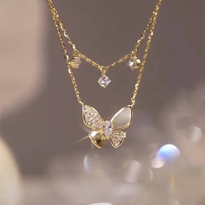 Elayna Double-Layered Zirconia & Mother-of-Pearl Butterfly Necklace-State of Style
