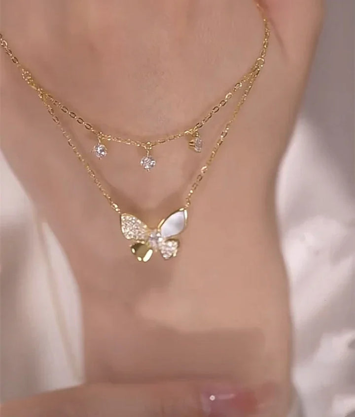 Elayna Double-Layered Zirconia & Mother-of-Pearl Butterfly Necklace-State of Style