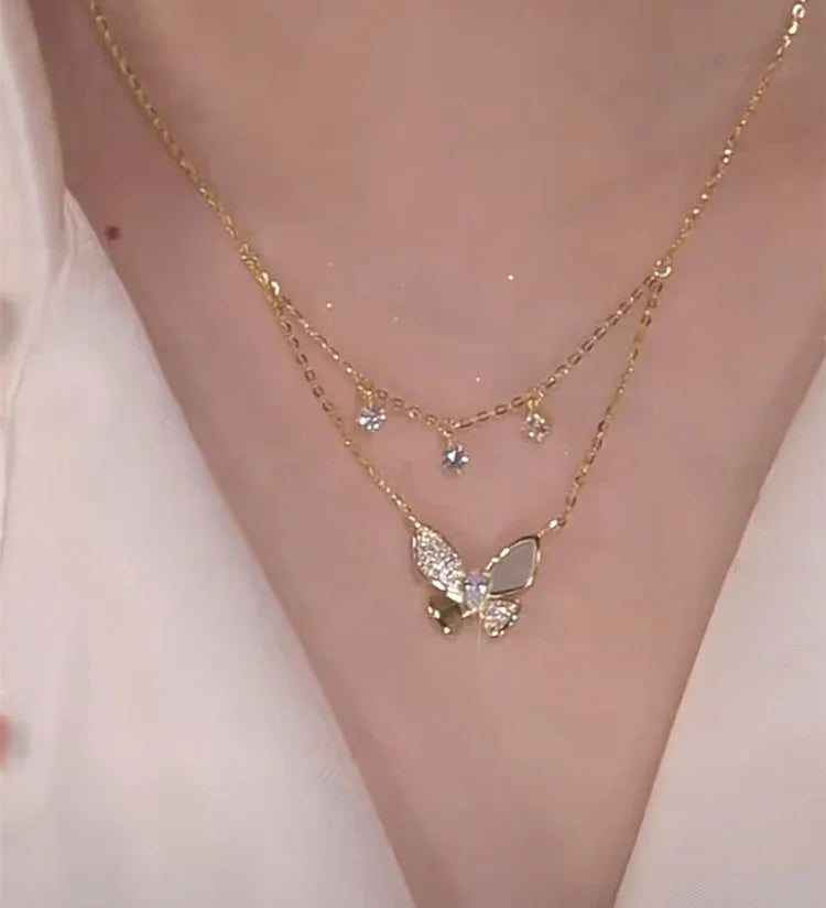 Elayna Double-Layered Zirconia & Mother-of-Pearl Butterfly Necklace-State of Style