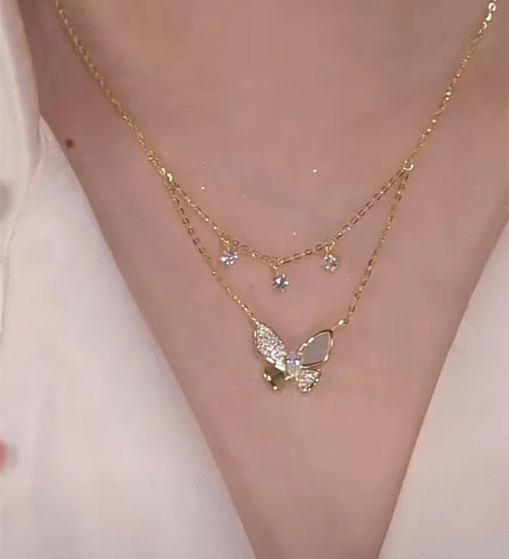 Elayna Double-Layered Zirconia & Mother-of-Pearl Butterfly Necklace-State of Style