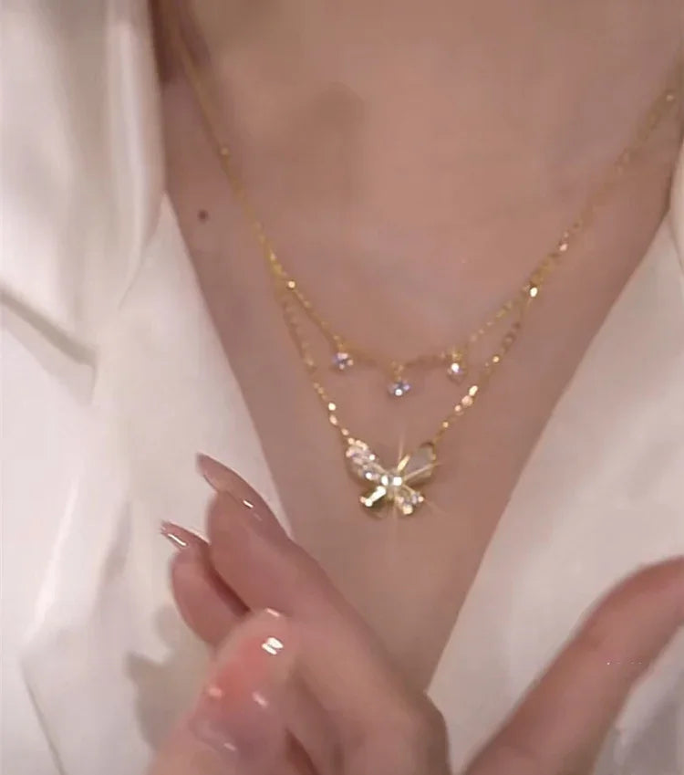 Elayna Double-Layered Zirconia & Mother-of-Pearl Butterfly Necklace-State of Style