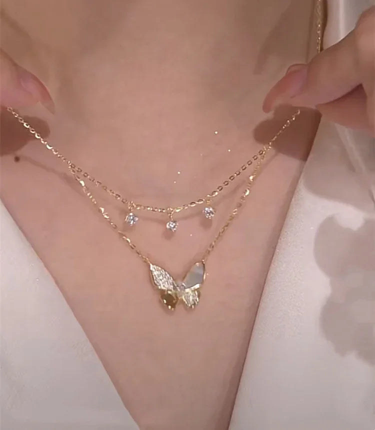 Elayna Double-Layered Zirconia & Mother-of-Pearl Butterfly Necklace-State of Style