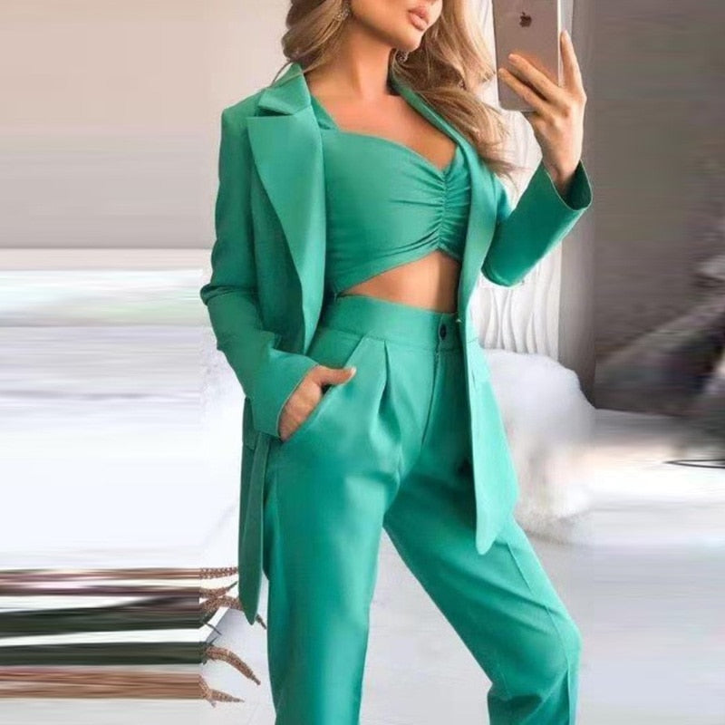 Elegant 3-Piece Blazer Set | Women's Fashion Suit-Green-S-State of Style